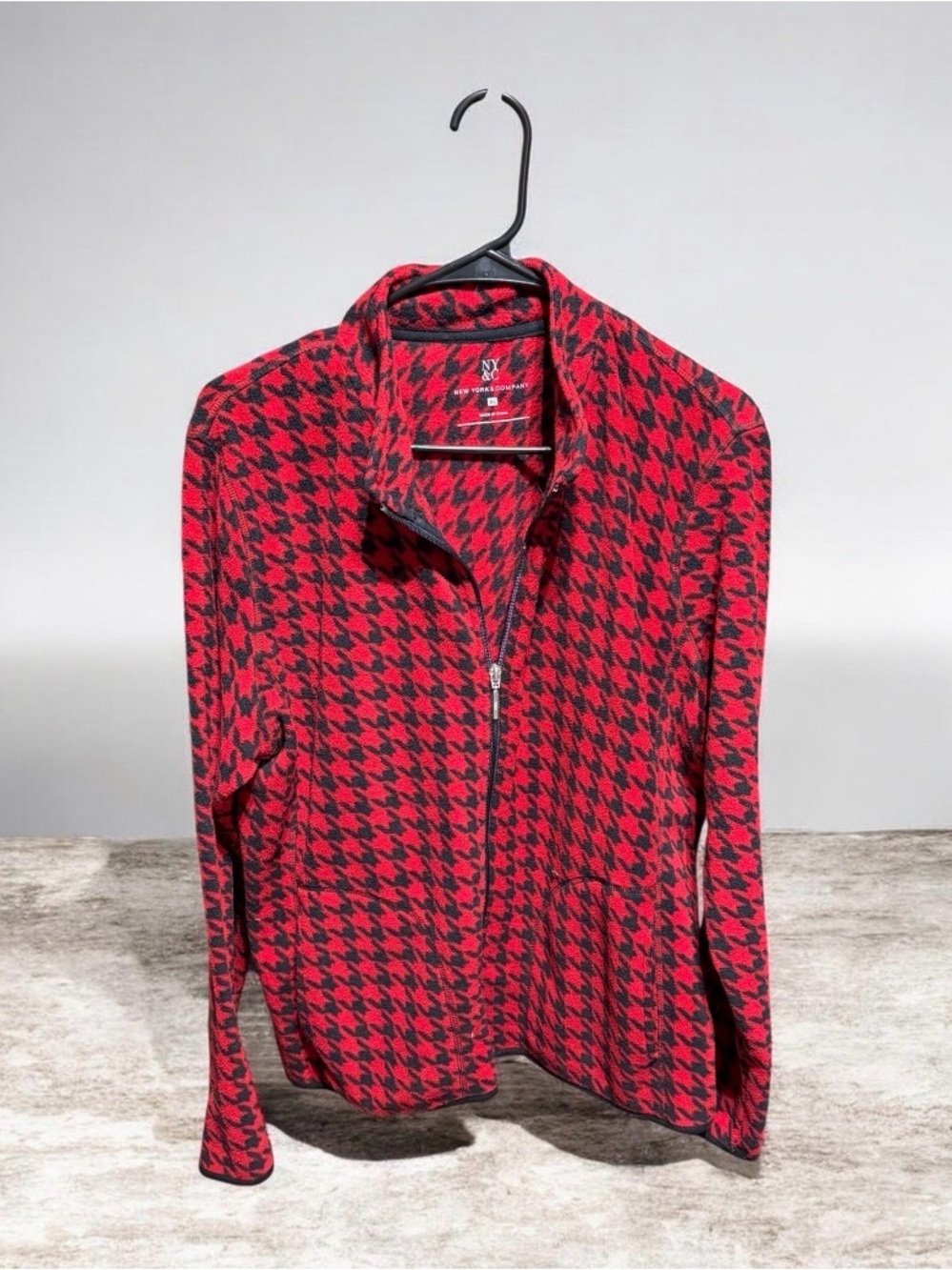 New York & Company Red and Black Houndstooth Full Zip Jacket